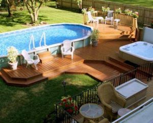 above ground pool with deck backyard landscaping decoration using above ground round-pool deck PTFRZCM