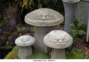 amusing stone mushrooms by david goode as garden ornaments rhs chelsea  flower show 2009 - stock ZRGPEZR