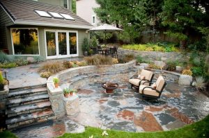 backyard patio ideas rustic, patio, stone, outdoor living, walls, steps, fire pit patio SDXYJMN