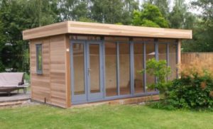 cedar clad 5m x 3.6m contemporary garden office with an anthracite grey  finish to doors GJDGLGR