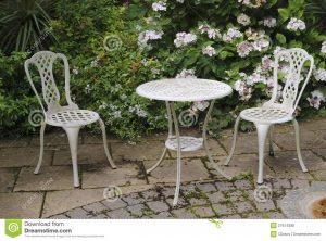 garden table and chairs bush garden hydrangea patio table ironwork paving plant flower chairless TLJTRKN