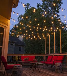 outdoor lighting ideas hang patio lights across a backyard deck, outdoor living area or patio.  guide for DHRZGFO