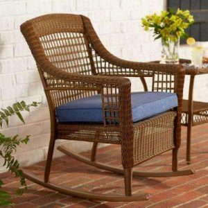 outdoor rocking chairs spring haven brown all-weather wicker patio rocking chair with sky blue  cushion NZJOHRJ