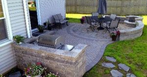 patio designs paver patio with grill surround, fire pit and stone steppers that lead to  the pool SDVLKNH