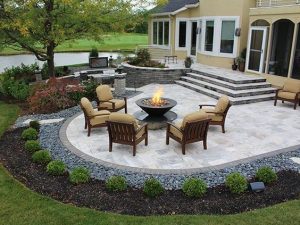 stairs, firepit, paver patio with travertine, back yards, patio ODRPVMU