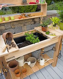 garden table potting bench - cedar potting table with soil sink and shelves BKAMYQP