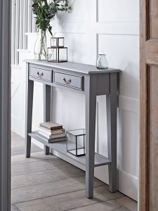 hallway table with a warm grey painted finish and two slender drawers with simple brassu2026 YKJUHJW