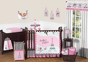 pink, black and white stripe paris baby girl bedding 11 piece french eifell HEVFKWX