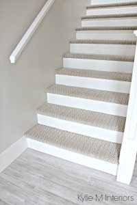 Carpet stairs stairs with carpet herringbone treads and painted white risers, looks like  a MMSJBPK