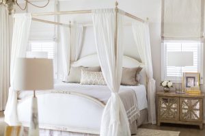 French Canopy Bed with Sheer Curtains Tied to Posts - Transitional