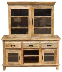 Rustic Shaker Mango Wood Glass Door Dining Hutch Sideboard