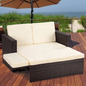 Giantex 2PCS Patio Rattan Loveseat Sofa Ottoman Daybed Garden