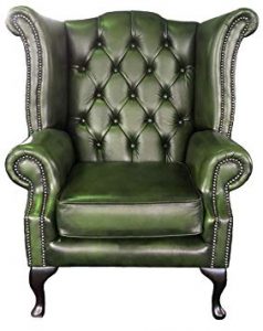 Chesterfield Antique Green Genuine Leather Queen Anne Armchair