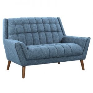 Cobra Mid-Century Modern Loveseat In Blue Linen And Walnut Legs