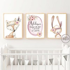 Amazon.com: Set of 3 Boho Baby Birth Stats Woodland Nursery Wall Art