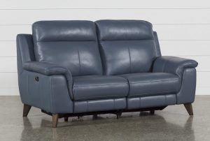 Moana Blue Leather Dual Power Reclining Loveseat With Usb | Living