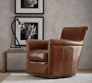 Irving Roll Arm Leather Swivel Armchair with Nailheads | Pottery Barn