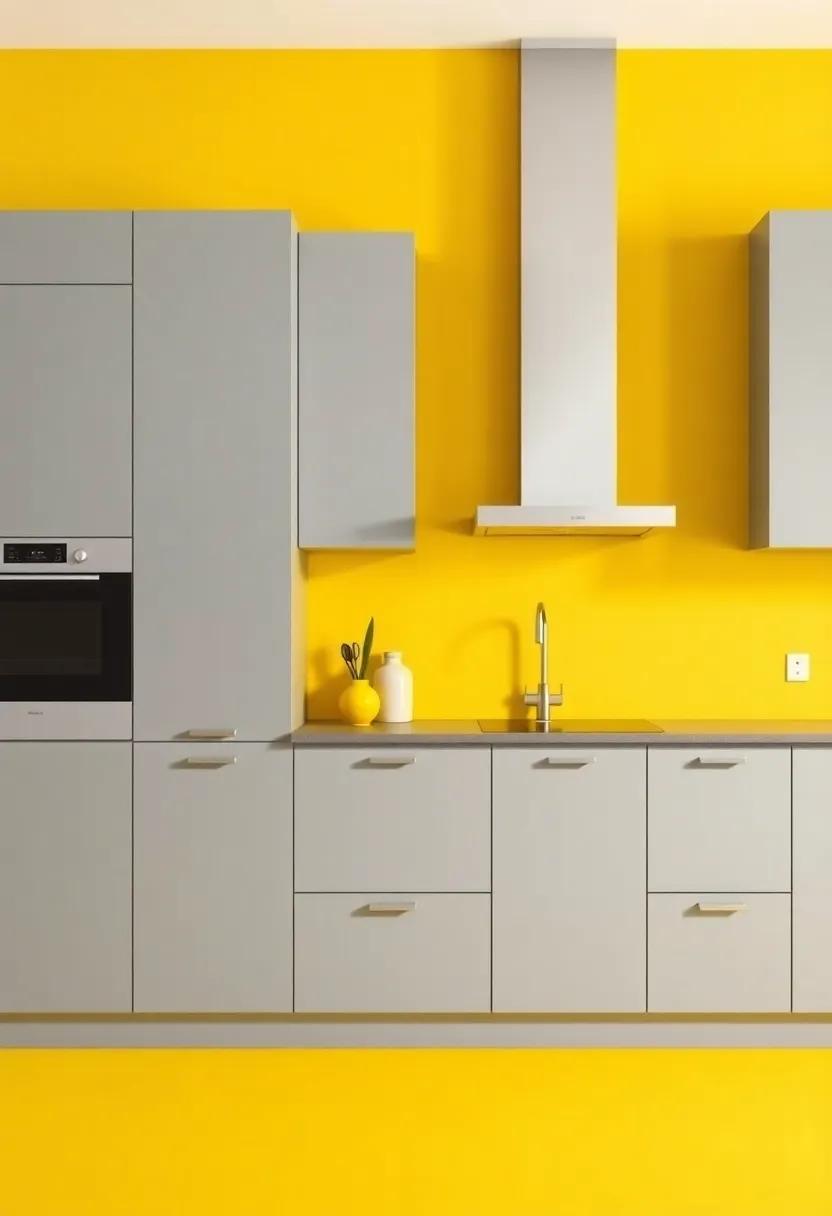 Sleek Gray Cabinets Providing a Modern ⁤Contrast to Vibrant Yellow Walls