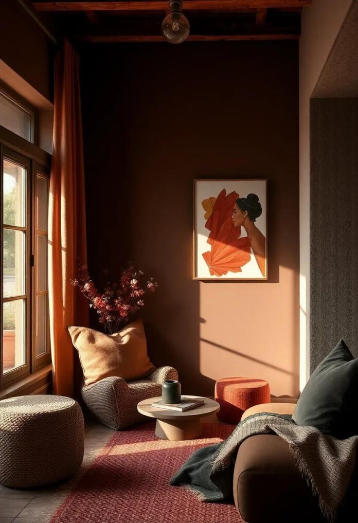 Embracing Warmth: The Allure of Cozy Dark Chocolate Brown and Rust Red Interiors