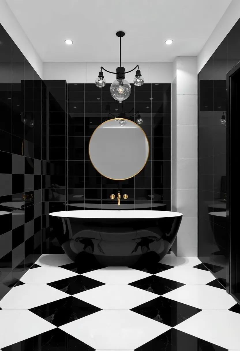 discover Glamour‍ With Glossy ‍Black and White checkerboard Tiles ⁣for⁤ Dramatic impact