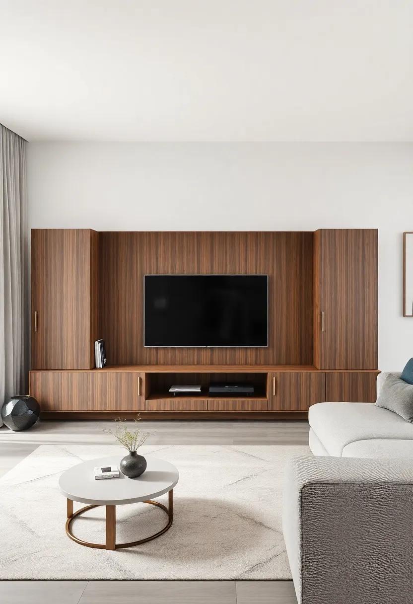 Elegant Simplicity ⁤Embraced ⁣by Living Room Wall Units in Contrast Fabrics and Finishes