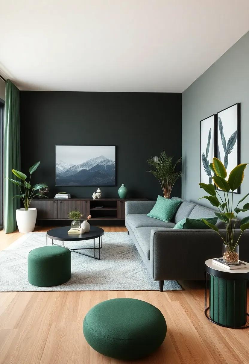 Chic Serenity​ Defined Through Modern Charcoal and Deep Green Decor Elements