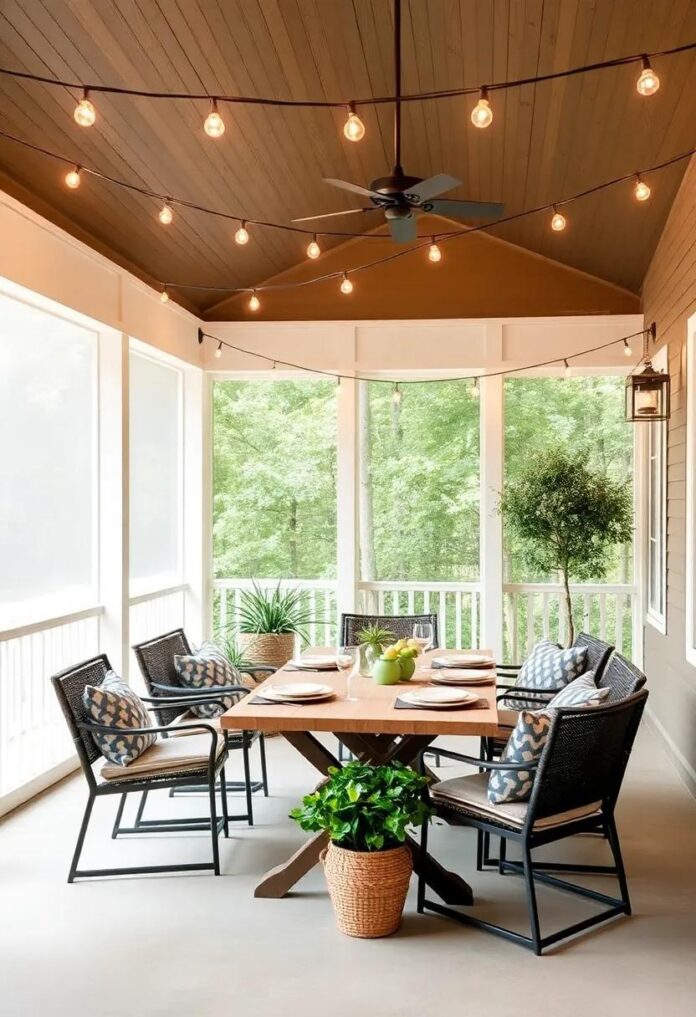 25 Cozy Ideas for Screened Porch Dining Under Twinkling String Lights