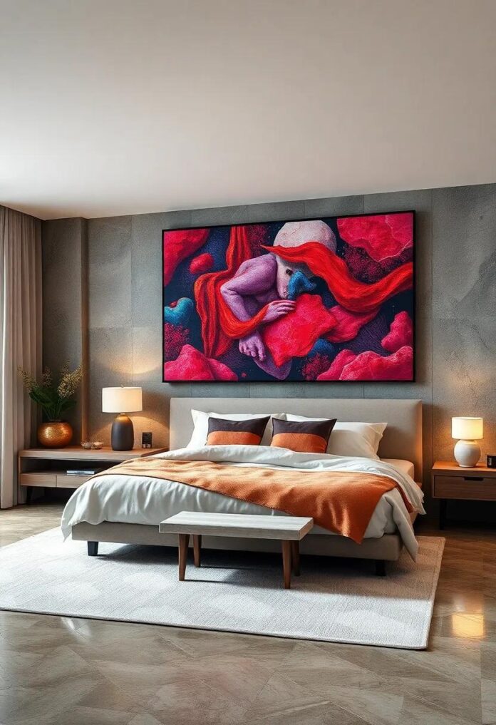 21 Contemporary Bedroom Designs Adorned with Striking Modern Art Creations