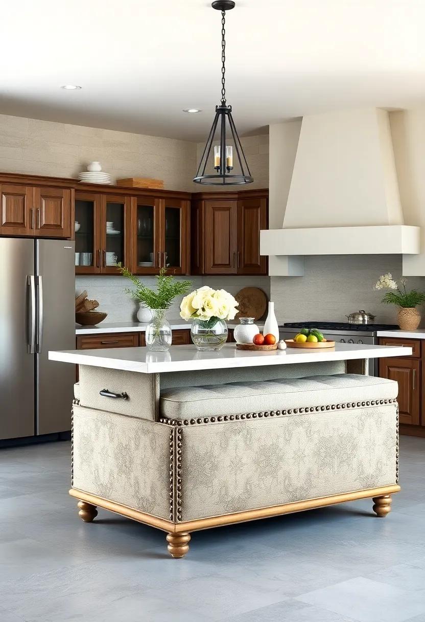 Charming Ottoman Inspiration: ⁢An antique ottoman turned kitchen ⁤island showcases a cushioned top that doubles as⁣ extra seating for ⁤an inviting atmosphere