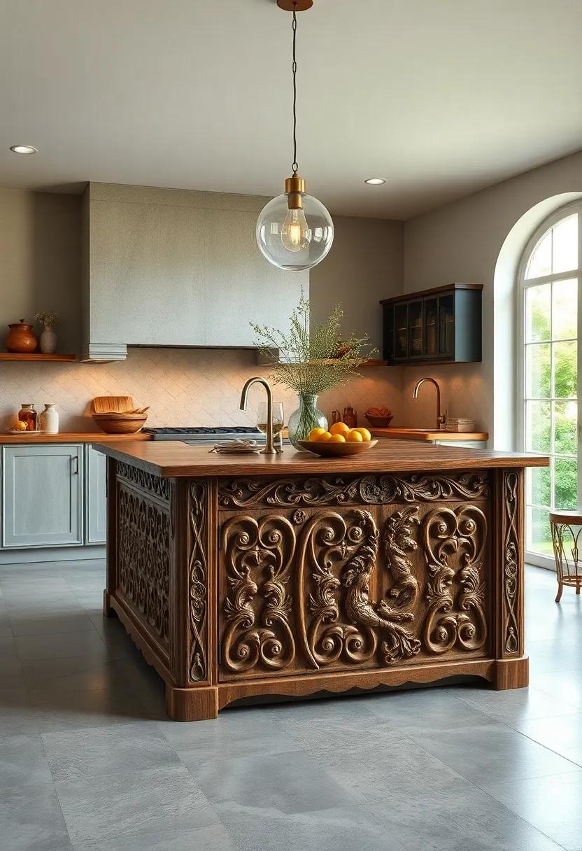 Elegant Carving Details: Discover an intricately⁤ carved antique ⁢island ‍that serves as a stunning ⁣focal point in your ⁤culinary space