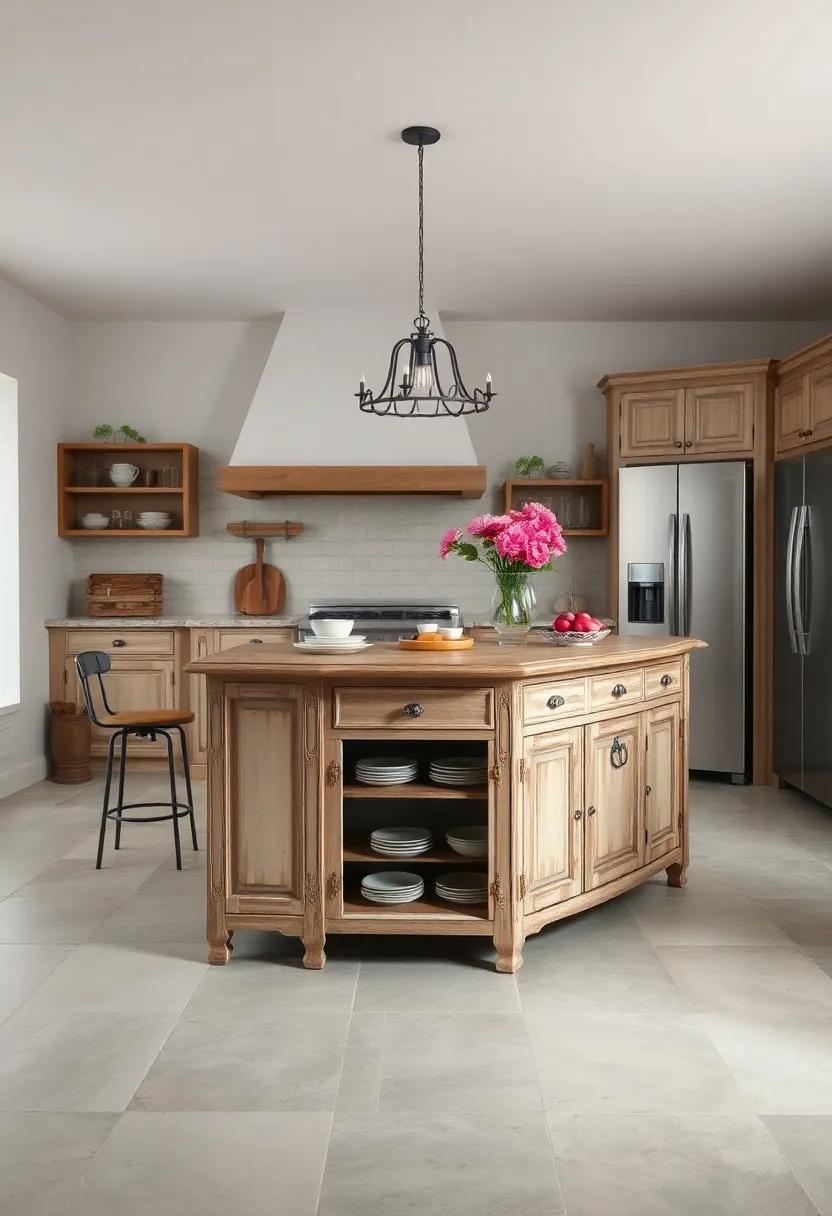 French⁤ Country Charm:⁣ A beautifully weathered island adorned with charming accents like ‍wrought iron details and an open shelf for displaying charming ‌dishware