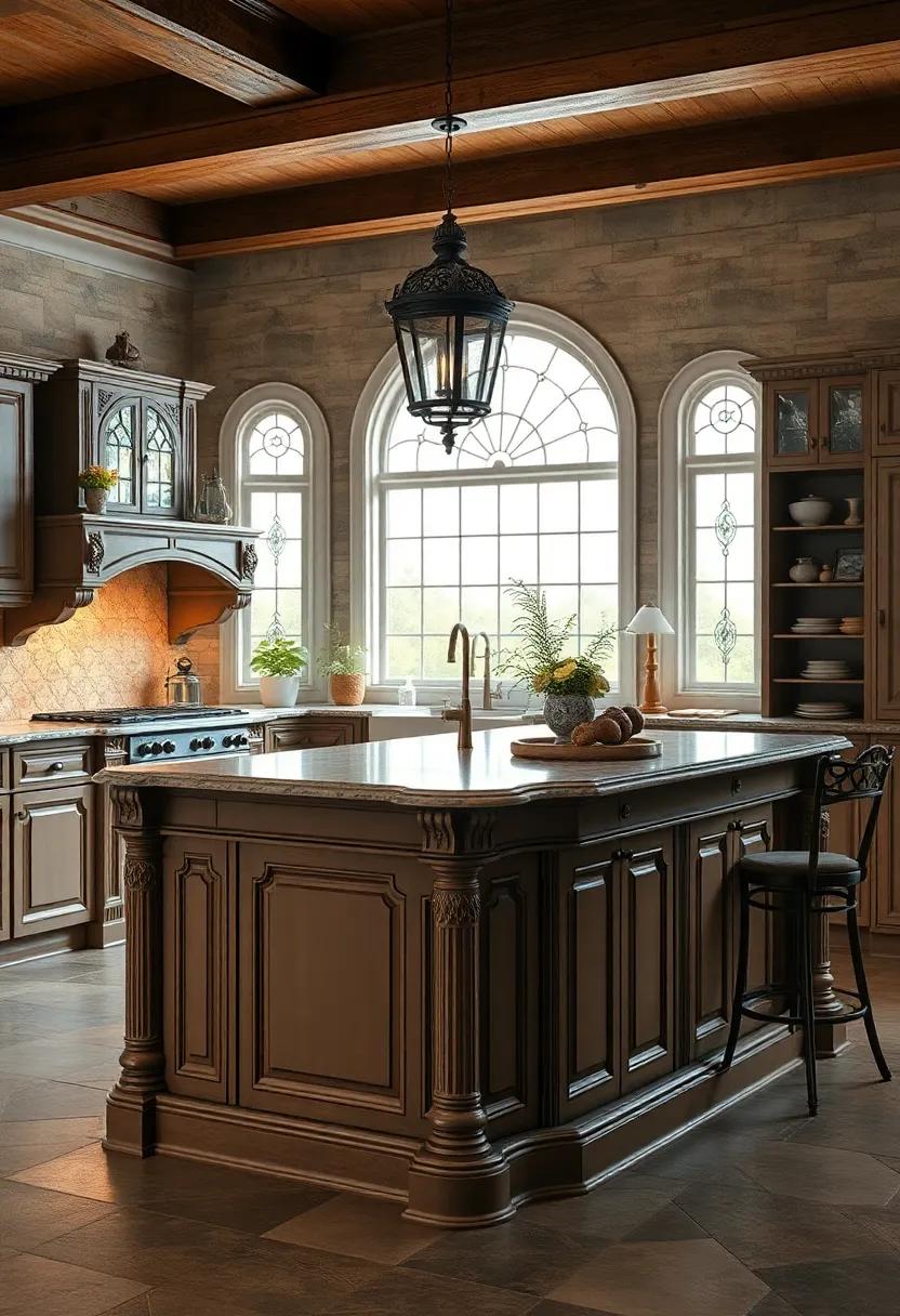 Victorian Elegance: Step back in time⁢ with a ​Victorian-style kitchen ⁢island boasting ⁣intricate moldings, stained⁤ glass accents, and ⁤a rich​ color palette