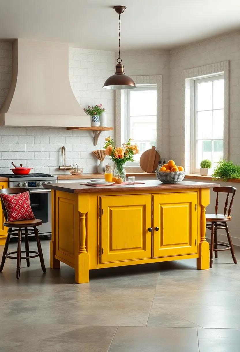 Whimsical‌ Cottage Design: A brightly​ painted⁣ kitchen ⁢island with playful details, ideal for a⁢ cheerful culinary space that feels warm and welcoming