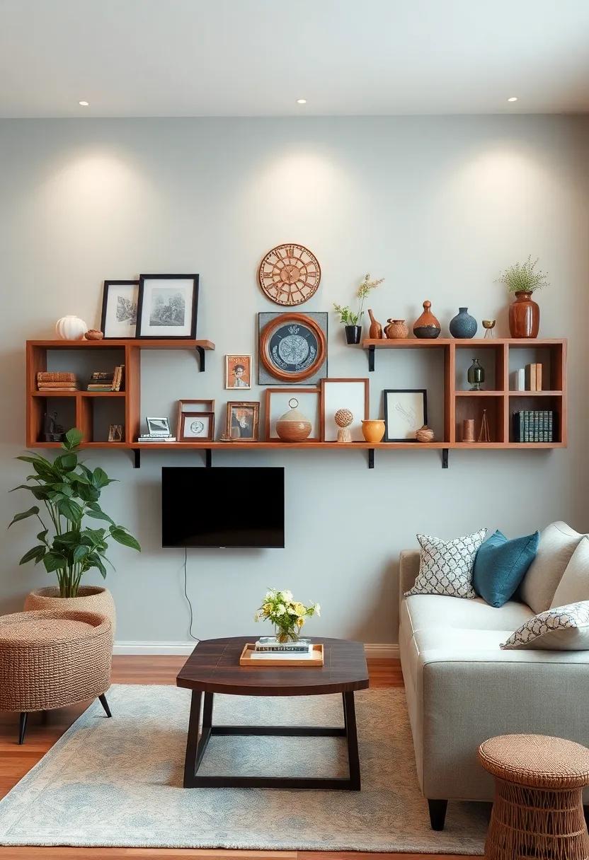 Eclectic Vintage: ⁤Dive into the charm of vintage-inspired⁤ wall shelves displaying ​an array of eclectic decor, creating​ a warm and inviting living room atmosphere