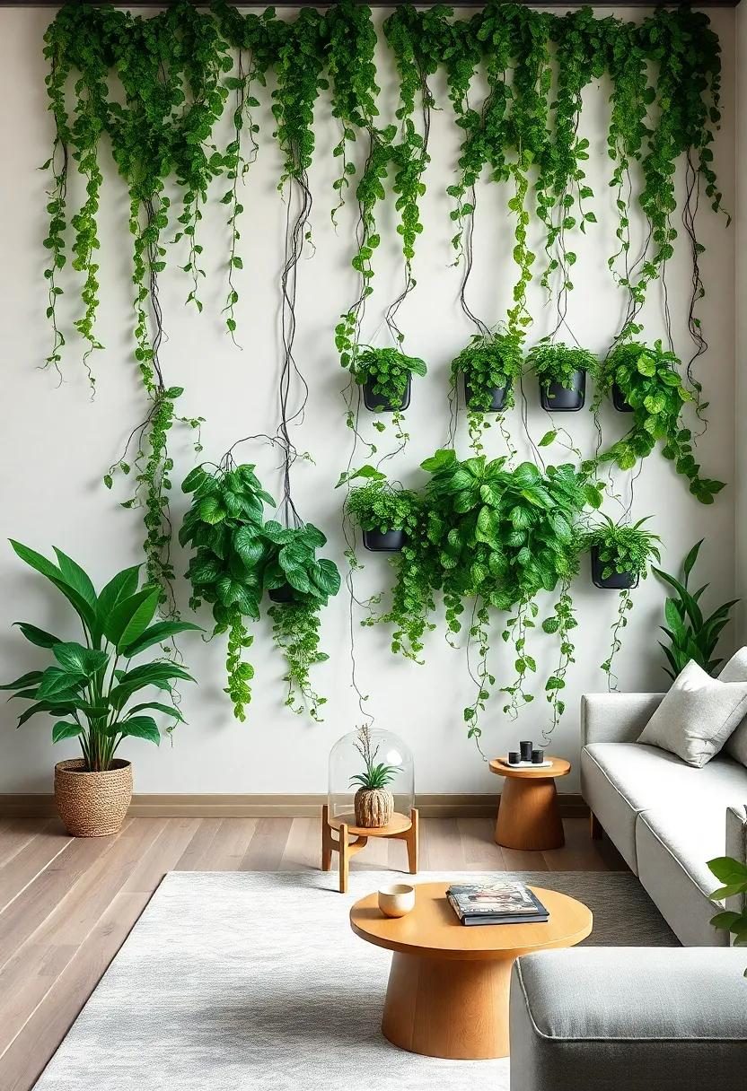 Lush Green Wall: Transform a blank wall into a vertical oasis using a mix of trailing vines‌ and leafy greens​ in wall-mounted ‌planters