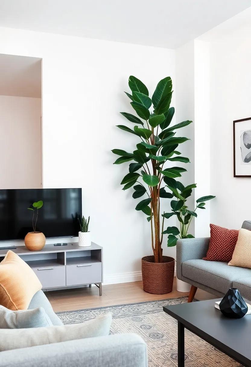 ficus Tree Corner:‍ Position ‍a tall ‌fiddle-leaf fig or rubber plant in a ‌corner to ⁣add height and a tropical vibe ⁣to​ the room