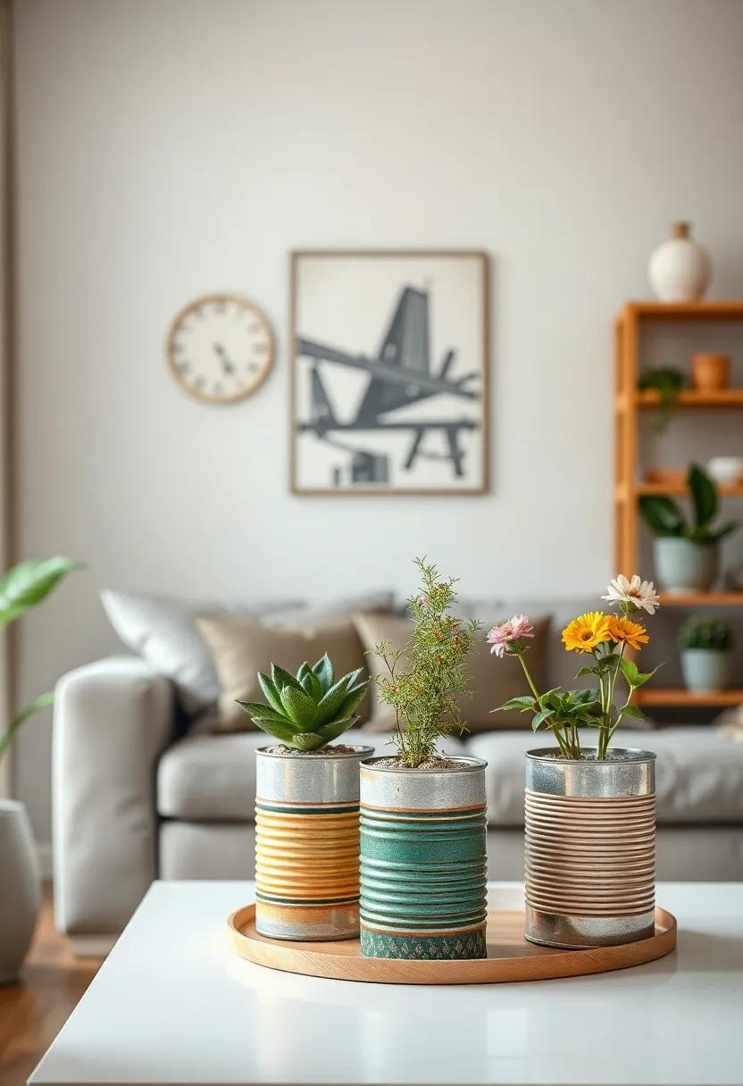 Repurposed Tin Can Vases: ​Upcycle tin cans as charming vases by painting ‌them in earthy tones and planting ‌small flowers or herbs