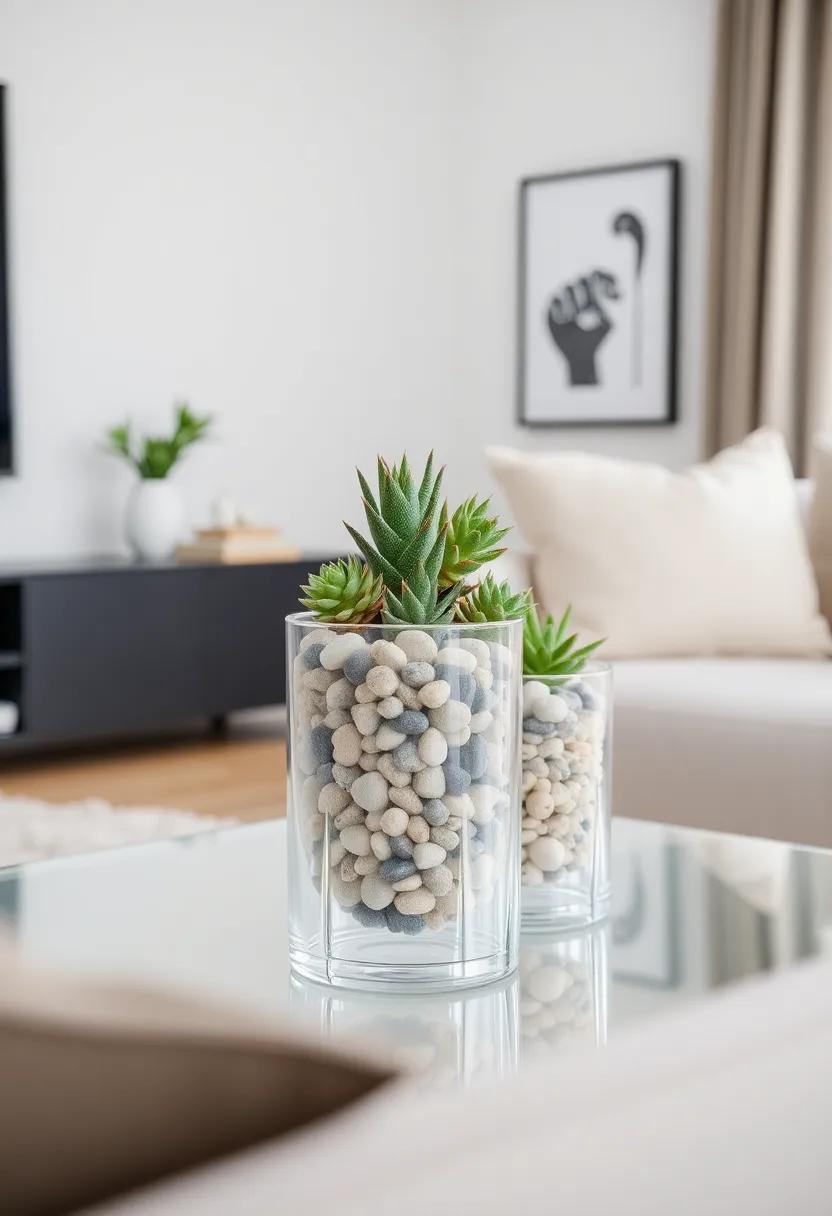 Glass Container Cluster: Create a cluster of‍ glass ⁢containers filled with tiny pebbles and succulents for a⁢ minimalist⁣ and ‌modern aesthetic