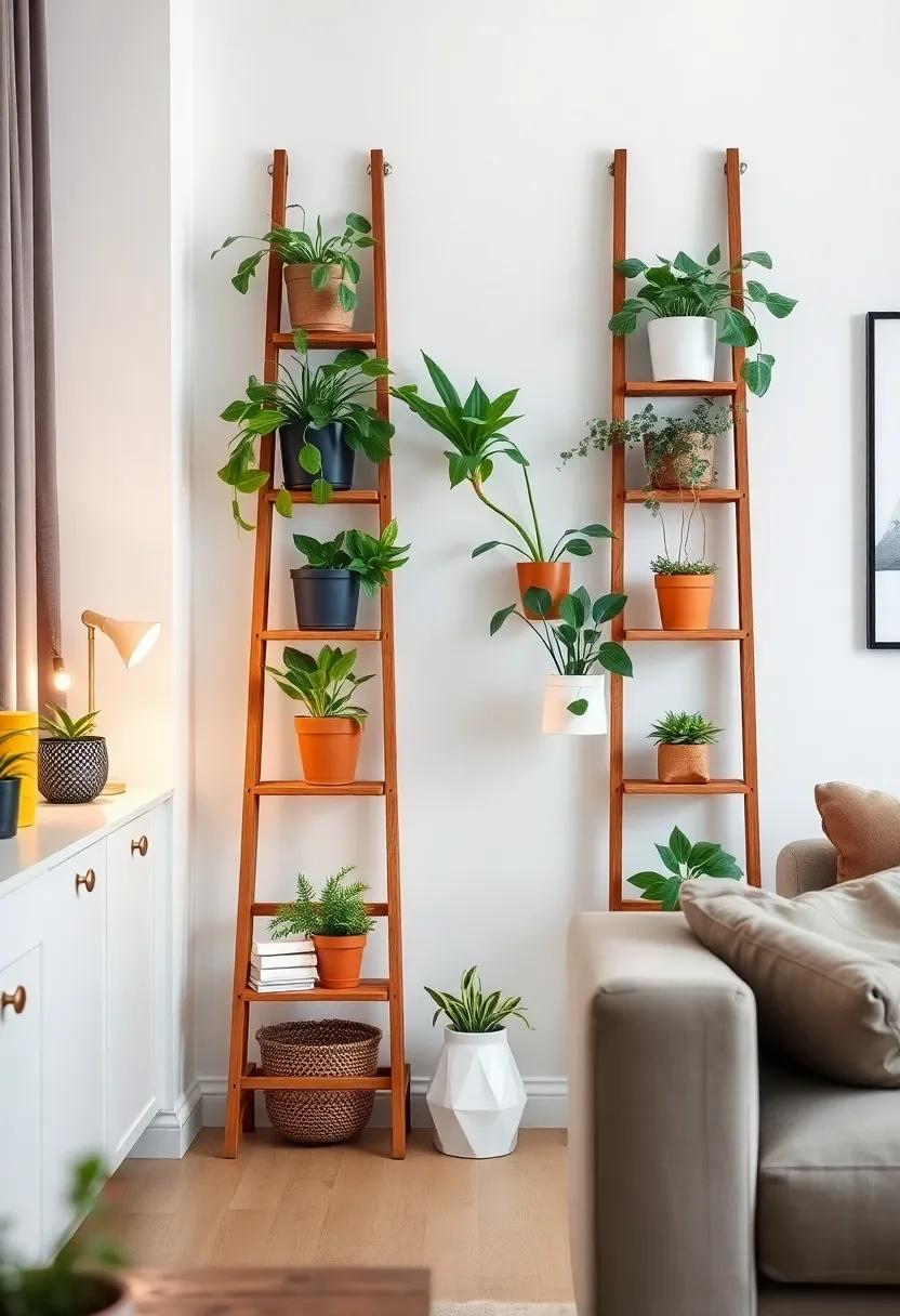 Plant Ladder Display: Use a sturdy​ wooden ladder⁢ as a plant display, showcasing a mix of pots at varying ​heights for ⁣an⁤ eye-catching ⁢arrangement