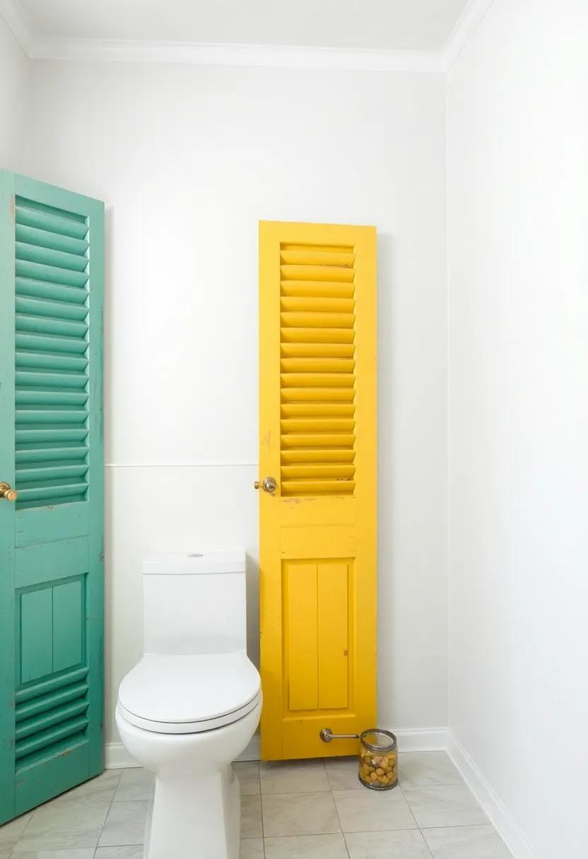 Colorful Shutters: Elevate your bathroom walls with‍ colorful vintage shutters, which can serve as decorative panels or smart storage solutions