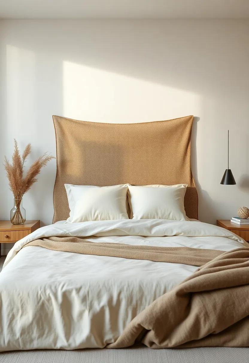 Earthy Elegance: A ⁣headboard with a unique ‌mix of natural fibers and soft fabrics, ⁤promoting⁤ a serene and organic bedroom ‍atmosphere