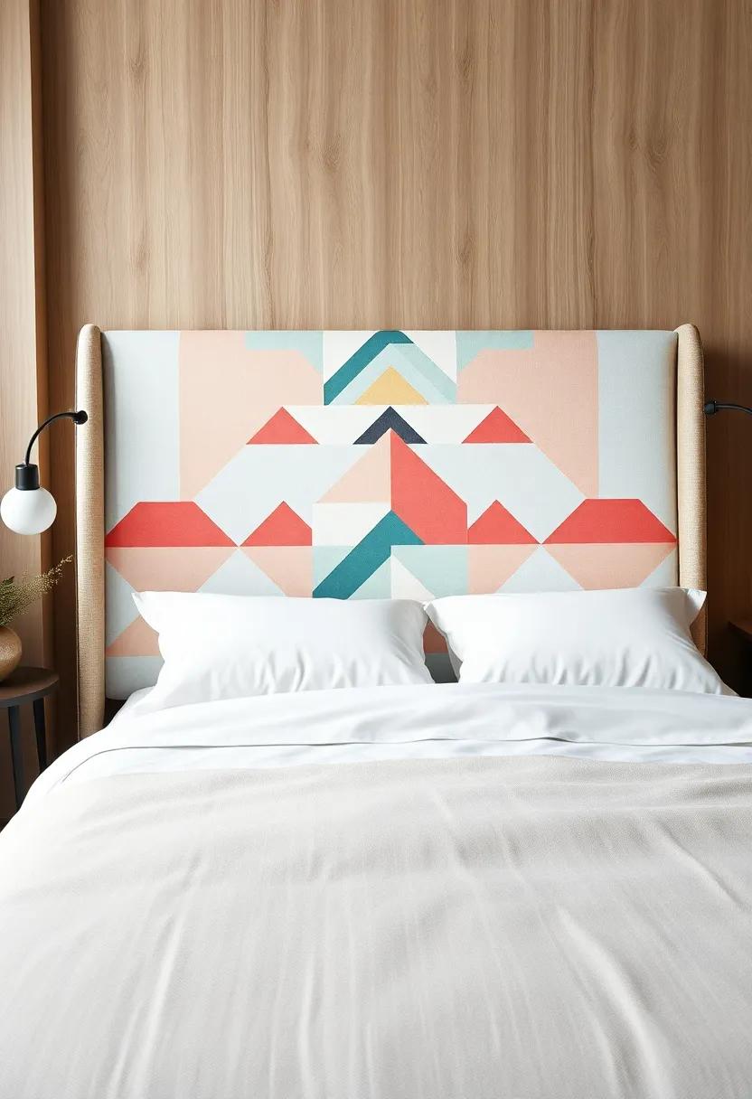 Geometric Patterns: A headboard showcasing a bold geometric print in soft pastels, marrying modern art with cozy comfort