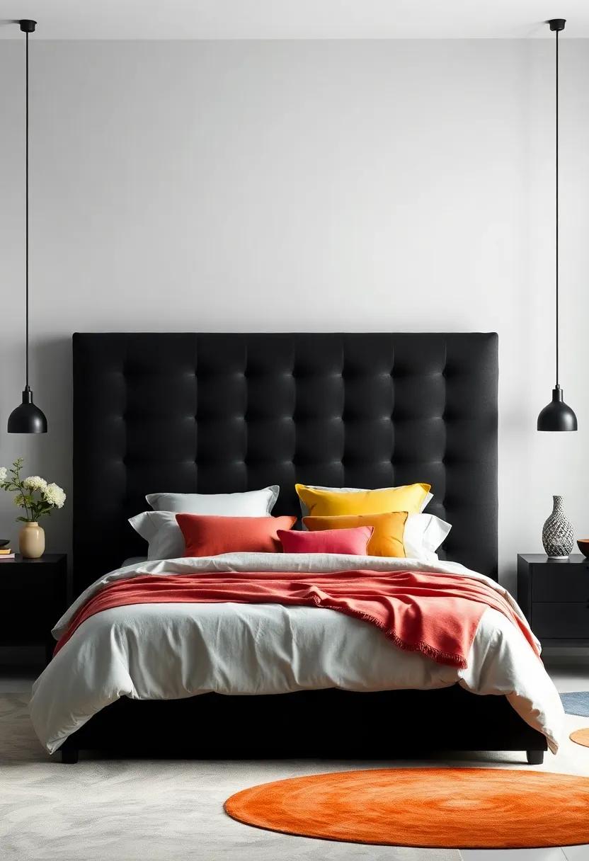 Modern Monochrome: A headboard ‍in ⁤black velvet⁢ that acts as a stunning⁤ backdrop for colorful bed linens and vibrant‌ decor
