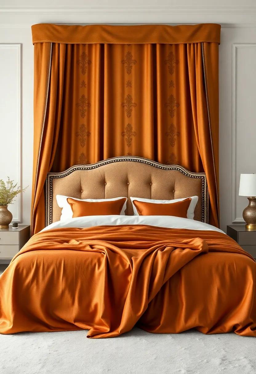 Regal​ Finish: A tall, imposing headboard‍ draped in rich, gold-embroidered fabric, creating a sense of grandeur‍ and royalty