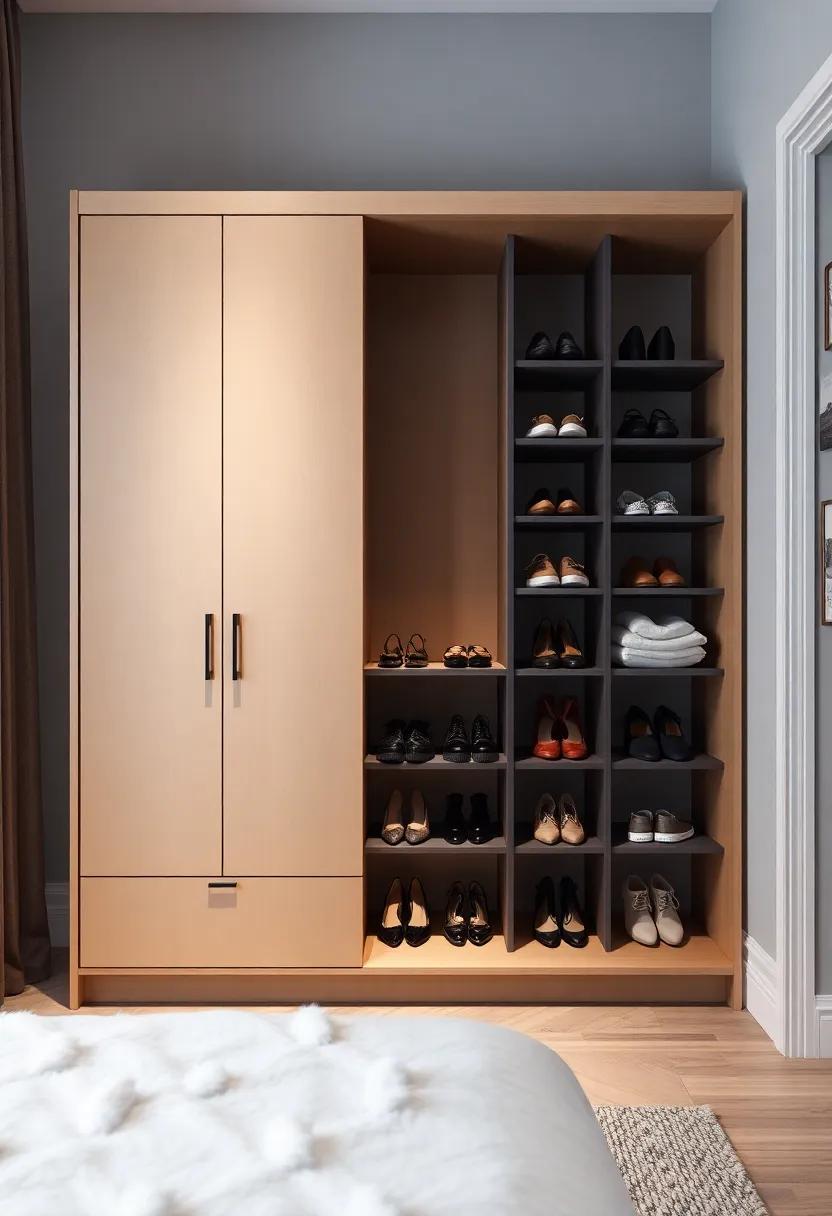 Artistic Wardrobe with Sculptural Shoe Display – For the artistically inclined, this wardrobe reimagines storage with a‍ sculptural shoe display that turns footwear into a ‌form of art