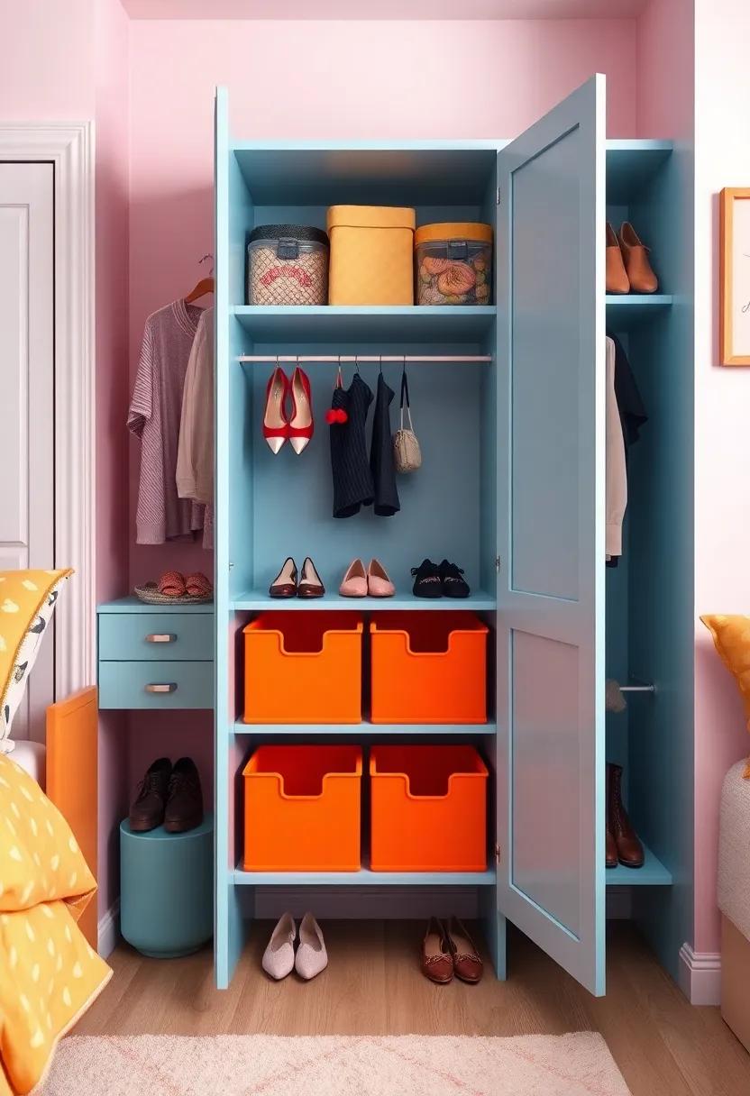 Colorful ‌Wardrobe with Cheerful Shoe Bins – ⁤Brighten up your bedroom decor with a vibrant wardrobe‍ that incorporates ⁣cheerful bins‌ for shoe storage, making fashion⁤ fun and accessible