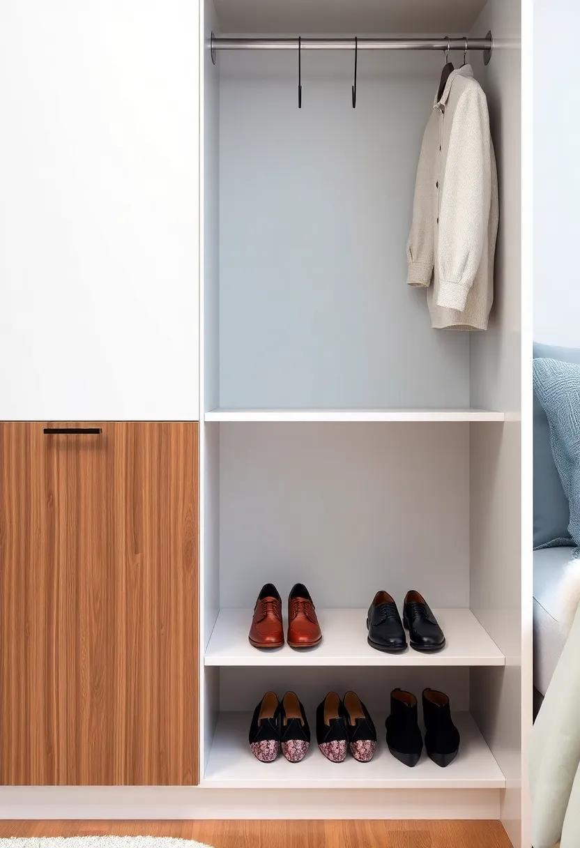 Compact Wardrobe with Fold-Down Shoe Shelf – Ideal for tight spaces, this compact wardrobe features⁤ a ⁤fold-down shoe shelf that lets you showcase stylish footwear without ⁢clutter