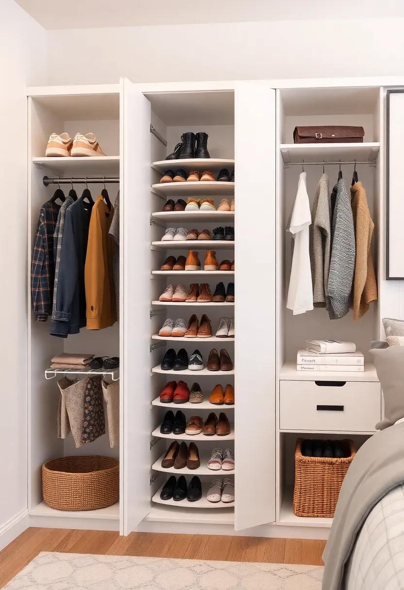 Corner Wardrobe with Rotating Shoe Carousel – Make use ‍of nook spaces with a clever⁣ corner wardrobe featuring a rotating shoe carousel that keeps everything organized