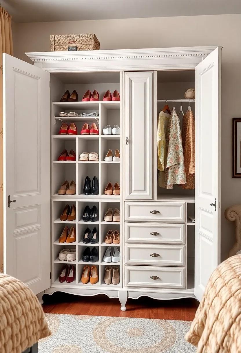French Country Wardrobe with ⁢Vintage Shoe Cubbies – Bring a touch of‌ Parisian charm ‍to‌ your space ‌with a ​French country wardrobe featuring quaint vintage shoe cubbies for beautiful organization