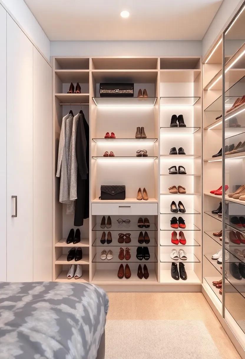 Luxe Walk-In Closet⁣ with Custom Shoe Display – Transform your bedroom into a mini boutique with a walk-in⁢ closet designed for the ultimate shoe lover, complete with custom display shelving